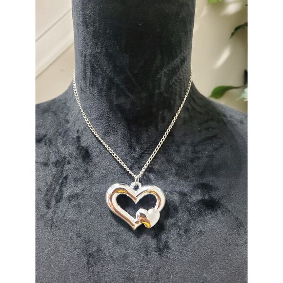 Women's Silver Tone Double Heart Style With Chain Necklace - Picture 1 of 6